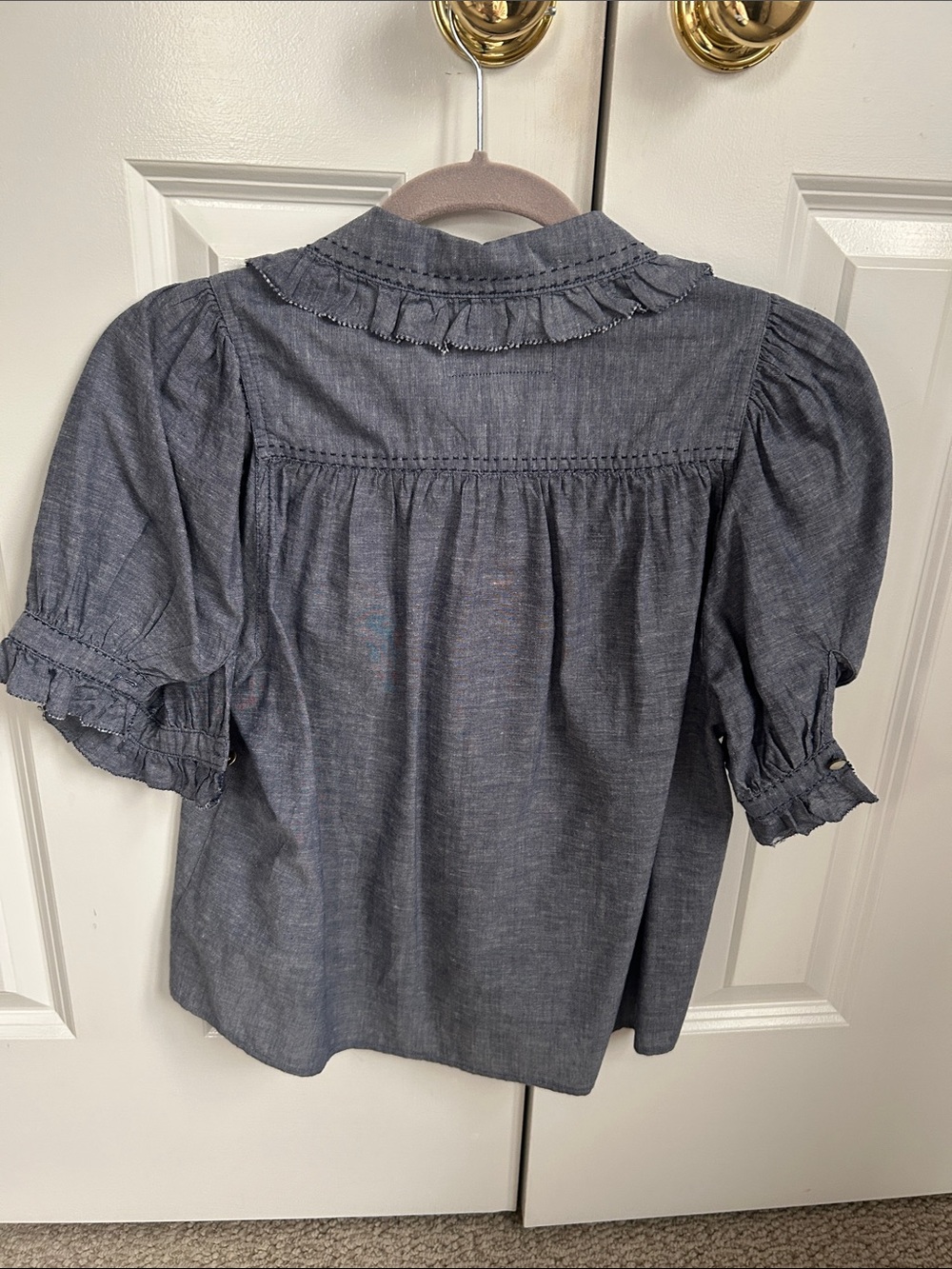 THE GREAT. Blue Chambray Ruffle Sleeve Blouse - Picture 2 of 2